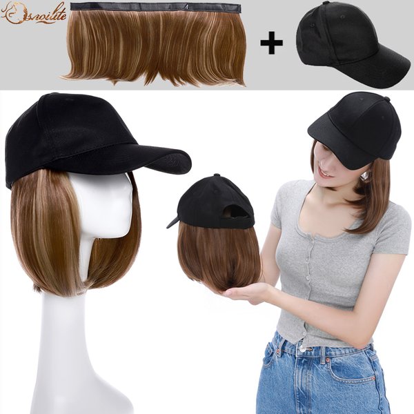 Snoilite synthetische abnehmbare Bob Haare mit Baseball Cap Hut mit Haar Perücke schwarz braun glattes Haar kurze Perücken für Frauen