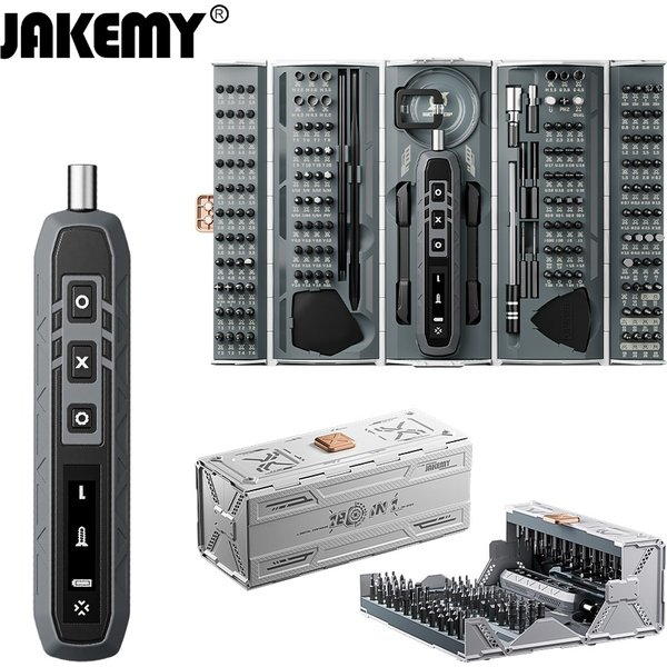 JAKEMY 3,7 V 3-Gang-Elektroschrauber-Set, Mini-Behälter, multifunktional, 500 mAh Akku, tragbarer Multi-Bit-Utility für Heimwerker