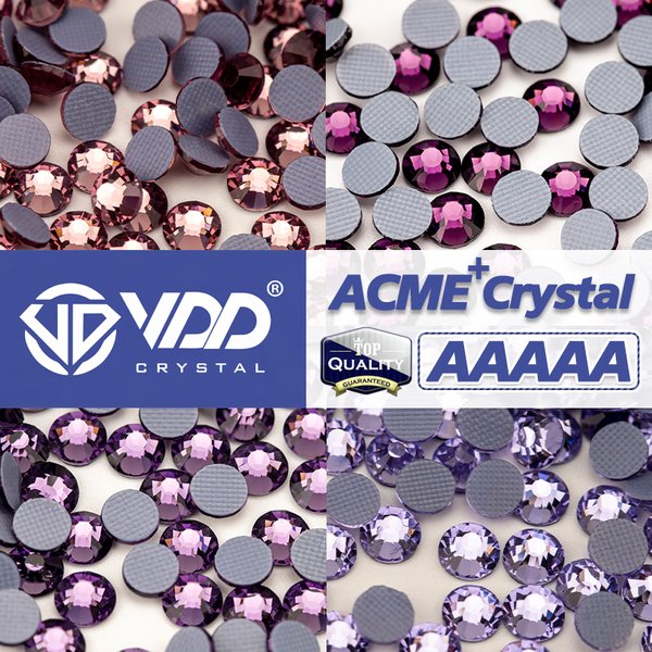 VDD 032 Lt.Amethyst/033 Amethyst/035 Tansanit/034 Violett ACME+Serie Hochwertige Glas-Hotfix-Strasssteine mit flacher Rückseite