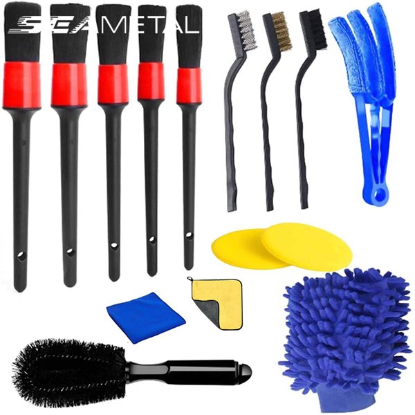 SEAMETAL 15 pièces ensemble de brosses de détail de voiture brosses de nettoyage de voiture éponges serviettes pour évents d'air de voiture nettoyage des jantes outils de nettoyage de la poussière de
