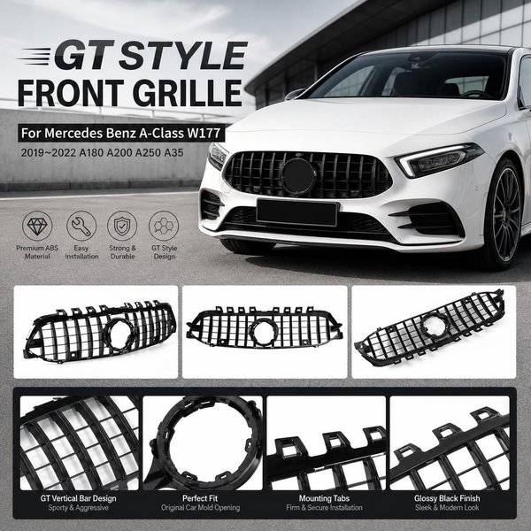 Frontgrill im GT-Stil für Mercedes Benz A-Klasse W177 2019~2022 A200 A250 A35 A180 ohne Kameraloch
