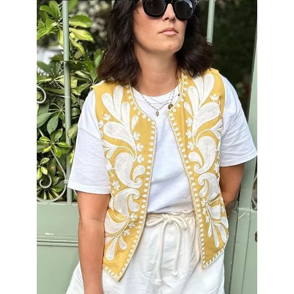 HH Embroidery Vest For Women Y2k Vintage Casual Sleeveless Cardigan Waistcoat Top Fashion Woman Floral Embroidered Vest