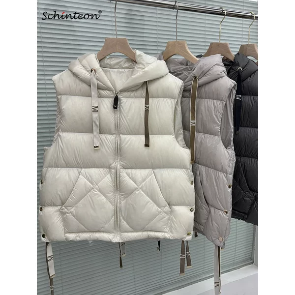 Schinteon femmes 90% duvet de canard blanc gilet avec capuche décontracté sans manches veste Simple couleur unie à la mode automne hiver haut nouveau