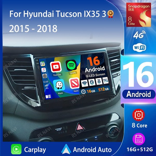 Autoradio Android 16 Carplay Auto Qualcomm avec écran QLED 2K pour Hyundai Tucson IX35 3 2015 2016 - 2018 GPS Stéréo BT Wifi