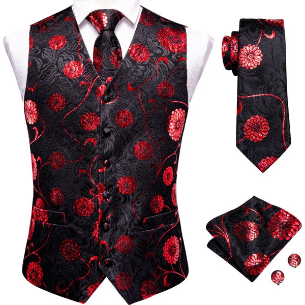 Ensemble de costume pour homme : Gilet, cravate, pochette et boutons de manchette jacquard floral Paisley, veste sans manches, cravate pour mariage et affaires