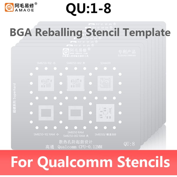 AMAOE QU1-8 BGA Reballing Stencil for Qualcomm MSM SM SDM Snapdragon CPU Planting Tin Steel Mesh Set
