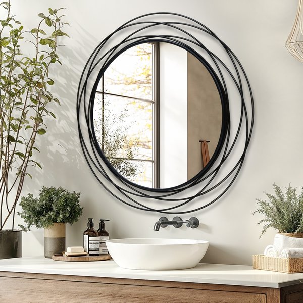 Miroir mural rond moderne en fil métallique, miroir décoratif circulaire suspendu pour la décoration de la maison, salon, salle de bain
