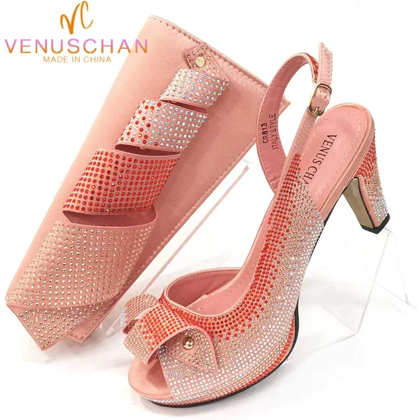 Venus Chan Newest INS Style Peach Color Rhinestone Elegant High Heels Nigeria Popular Design African Ladies Shoes And Bag Set
