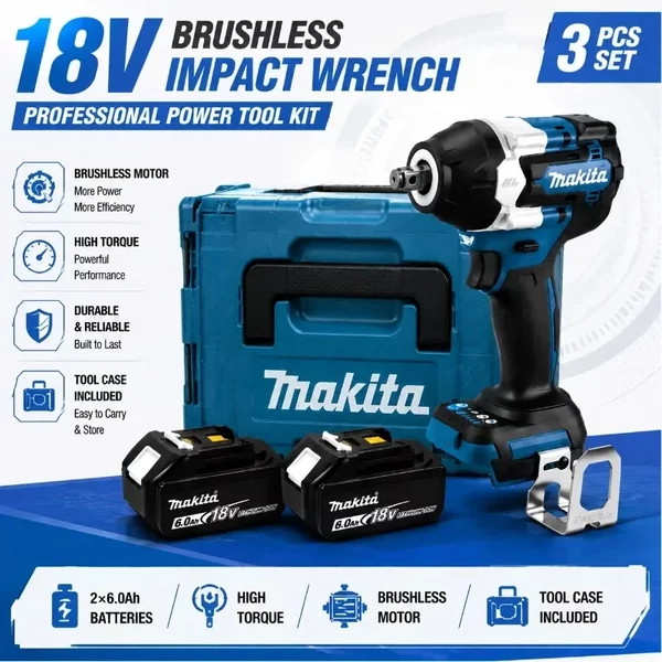 Makita DTW700 1000N.M Bürstenloser Akku-Schlagschrauber 1/2", Allzweck-Elektrowerkzeug für schwere Arbeiten mit variabler Drehzahlregelung, kompatibel mit 18V Lithium-Akku für Autoreparaturen und