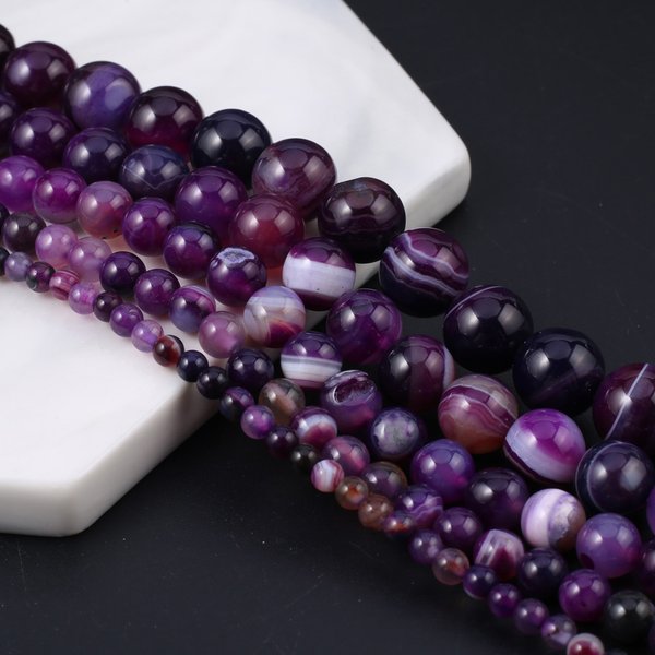 Natural Stone Gemstone Beaded Round Purple Striped Agate Spaced Loose Beads for Jewelry Making DIY Necklace Bracelet Accessories