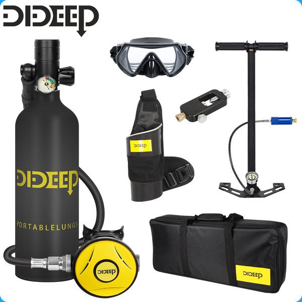DIDEEP 1L Mini-Tauchflaschen-Set, 15-20 Min. Unterwasser-Tauchzylinder mit Handpumpe, Tragbare Tauchausrüstung mit 3000 PSI, Sommer-Tauchausrüstung zum Abkühlen, Geeignet für Outdoor-Aktivitäten und