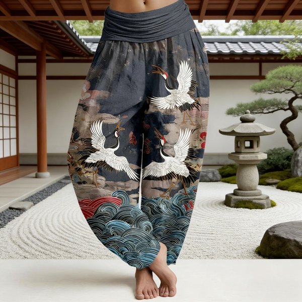 Damen Zen-Kranich-Print Baumwoll-Haremshose Atmungsaktiv Elastische Hohe Taille Locker Sitzende Yoga- & Freizeithose Unisex Weiche Loungewear