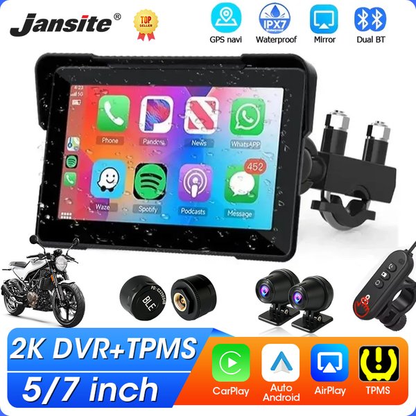 Jansite – DVR portable pour moto, 5/7 pouces, Navigation GPS, écran LCD étanche IPX7, pour CarPlay sans fil, Android Auto