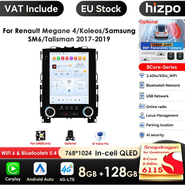 9,7'' 6115 8-Kern 360 ° Kamera-Autoradio für Renault Koleos Megane 4 Samsung SM6 Talisman 2017-2019 4G WIFI GPS Wireless CarPlay
