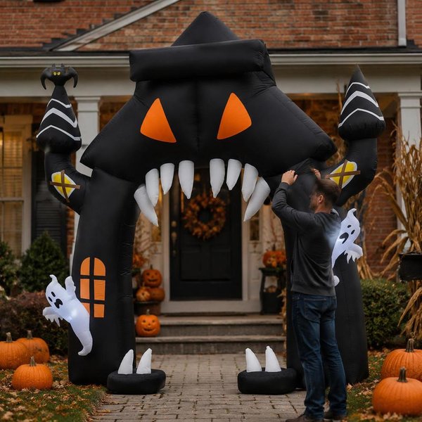 Aufblasbarer Halloween-Bogen 300 x 76 x 300 cm Stoff Weißes Geister-Design Für Outdoor-Party Gartendekoration Saisonbedingt