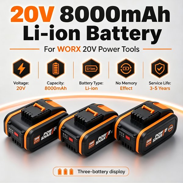 Batterie originale WORX 20V 8.0Ah haute capacité, modèle WA3553 WA3551 WA3553.1 WA3570, pour tous les outils électriques WORX.
