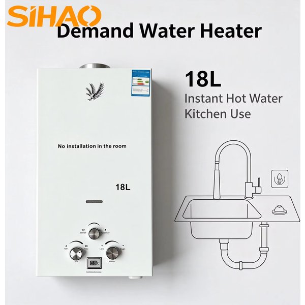 Heißwasserboiler | Sihao LPG-Durchlauferhitzer Warmwasserbereiter 6L 8L 10L 12L 16L 18L Weiß Tanklos Stahl LED-Anzeige