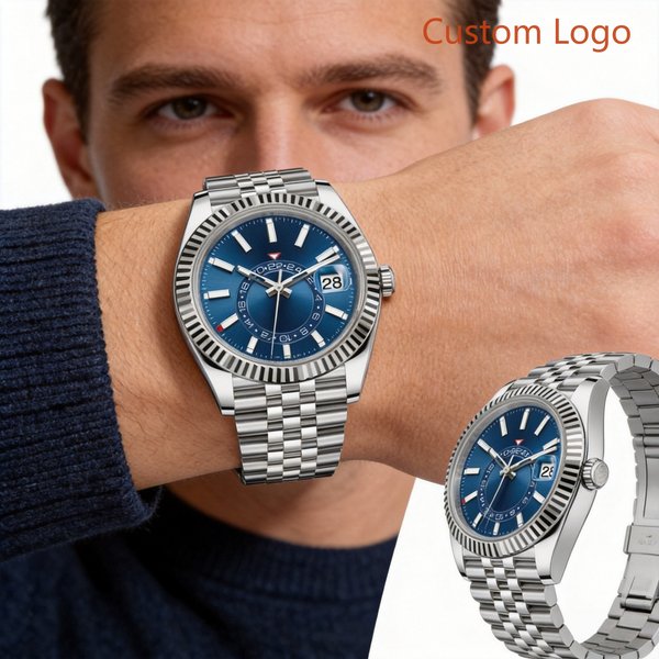Herren 41mm Geriffelte Lünette 24-Stunden-Uhr Blaues Zifferblatt Jubilee-Stahlarmband Wasserdichte Automatische Maßgefertigte Uhren