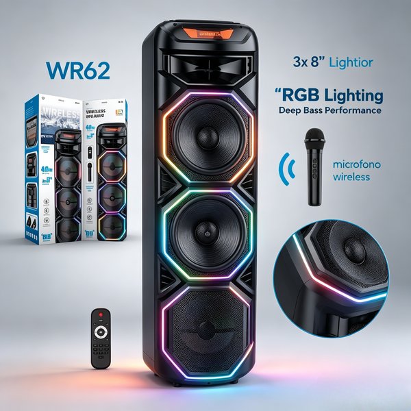 40W Wireless Bluetooth Speaker 3X 8 Inch Deep Bass Karaoke System With Wireless Mic RGB Light Rechargeable Outdoor Party Soundbox
