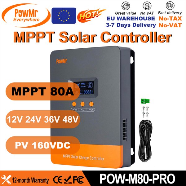 Régulateur de charge solaire MPPT PowMr EU 80A 12V 24V 36V 48V, Entrée PV max 160V 3840W, Écran LCD, capteur de température, protections multiples, compatible batterie LiFePO4 lithium plomb-acide,