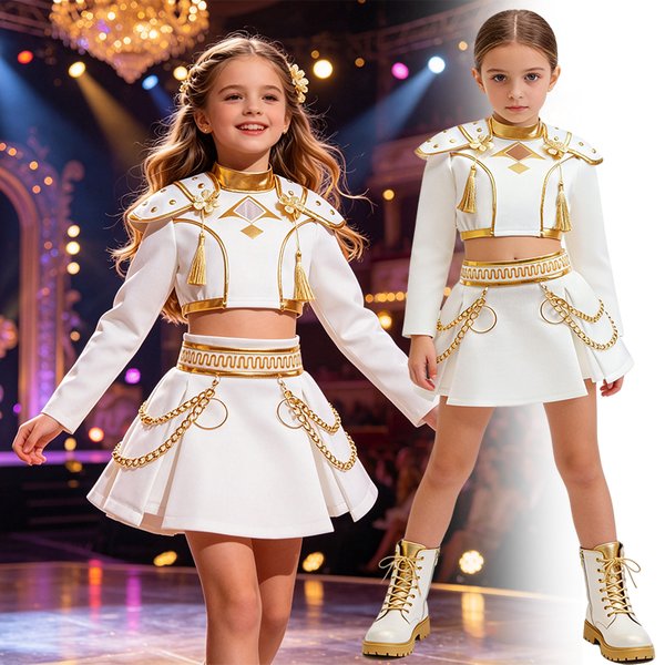 Girls White And Gold Cosplay Costume Set Shoulder Pads Chain Skirt For Halloween Birthday Party Role Play