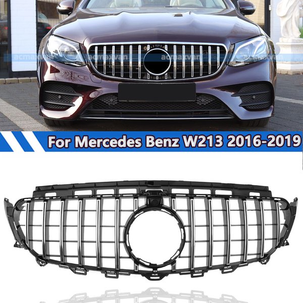 GT Style Frontstoßstangengrill-Baugruppe, kompatibel mit 2016–2019 Mercedes Benz E-Klasse W213 C238 Racing Grills Chrom mit Schwarz