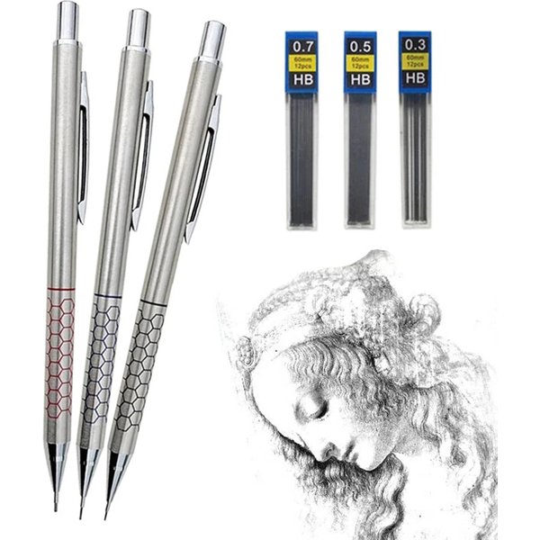 0.5 0.7 0.9mm Metal Mechanical Pencil with Eraser Set 2B/HB Lead Art Sketch Drawing Supplies Automatic Pencil Writing Stationery