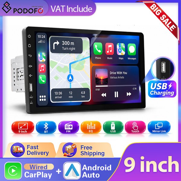 Podofo 1Din 9-calowy samochodowy radio z ekranem dotykowym, bezprzewodowym CarPlay, Android Auto, D-Play, odtwarzaczem MP5, Bluetooth, FM, funkcją Mirror Link, uniwersalny samochodowy odtwarzacz