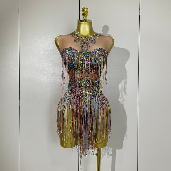 Sparkle coloré strass paillettes gland body 2025 femmes soirée fête d'anniversaire discothèque Bar DJ danseur équipe scène Costume
