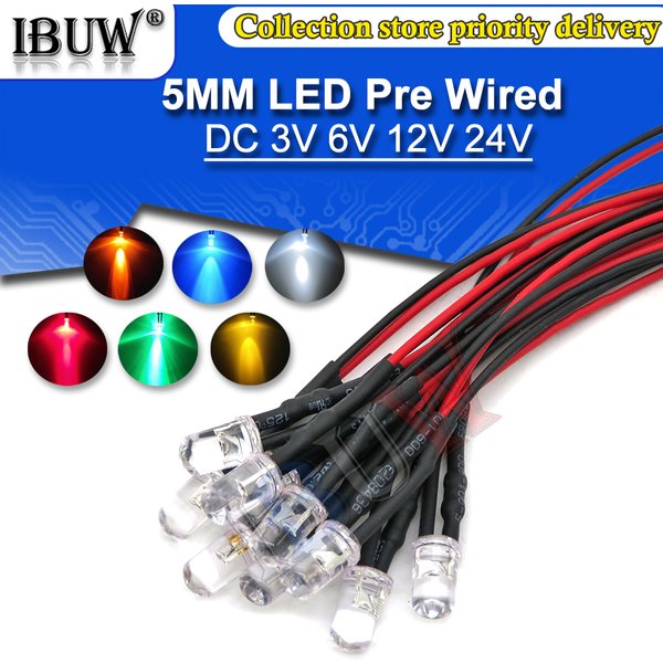 10 pièces DC 3V 6V 12V 24V pré-câblé 3mm 5mm lampe à LED ampoule précâblée Diodes électroluminescentes Transparent jaune bleu vert blanc rouge