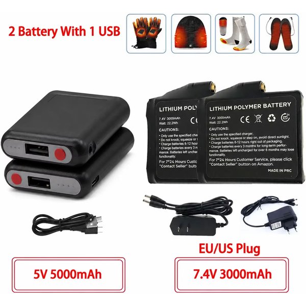 Winter-Batterien für beheizte Socken, 7,4 V, 3000 mAh/5 V, 5000 mAh, Li-Polymer-Akku für warme Handschuhe, Kleidung, Hut, Ladegerät, Powerbank