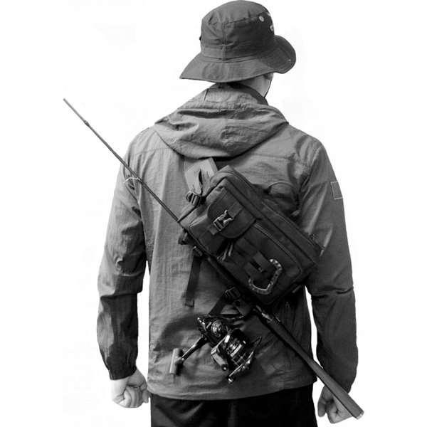 Sac de pêche imperméable, sac à dos de pêche à bandoulière avec support pour canne, boîte de rangement, sac compact pour leurres d'extérieur