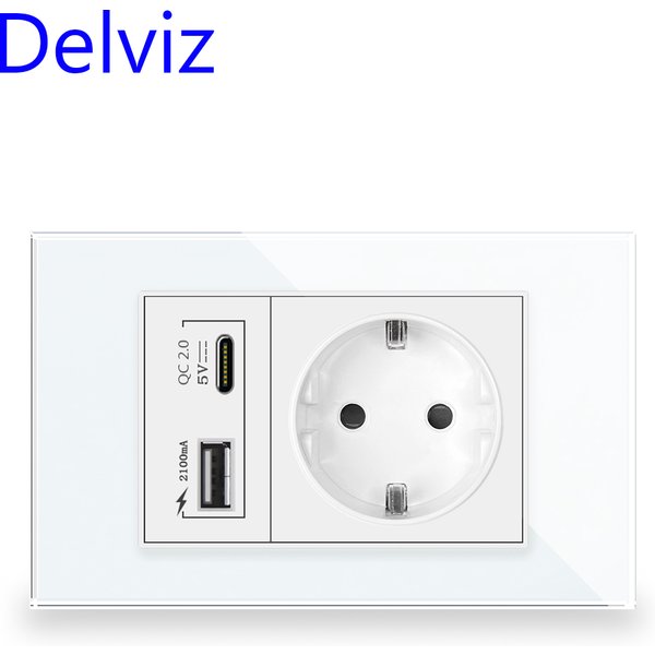 Delviz Typ-C-USB-Wandsteckdose, mit 2A-USB-Anschlüssen, elektrische Steckdose, 120mm*72mm Kristallglasplatte, europäische 16A-Steckdose