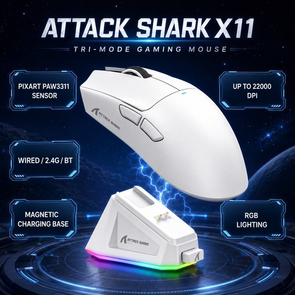 ATTACK SHARK X11-Maus Tri-Mode Leichte Gaming-Maus, PAW3311, 22000 DPI, 400 IPS, 40G, 1K Return Rate, Magnetisches Schnellladegerät