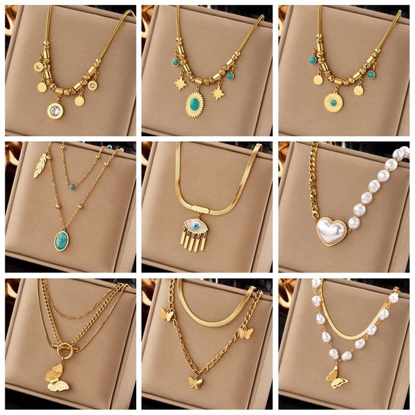DIEYURO 316L acier inoxydable perle coeur papillon vert pierre pendentif collier pour femmes Vintage filles chaîne bijoux cadeaux