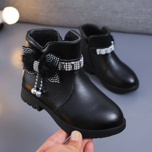 Kinderschuhe Mädchen mittellange warme Lederstiefel Baby Bogen niedlichen Baumwoll schuhe Plüsch Winter neue Student zwei Baumwoll stiefel Botines