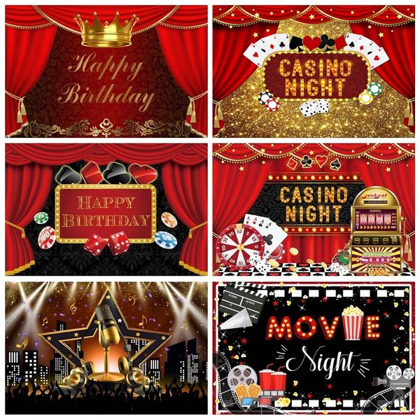 Toile de fond de fête d'anniversaire, décor de tapis rouge, film, cinéma, poker, carte à jouer, casino, arrière-plan photographique, accessoires de studio photo