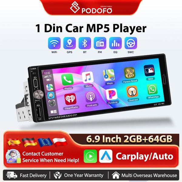 Podofo 6,9'' Autoradio Universal CarPlay Android Auto Multimedia Stereo WIFI GPS Navigation FM/RDS BT 1din Head Unit HD EQ Touchscreen Mirrorlink Wifi Multimedia Stereo USB BT Musik & Anruf Auto Radio