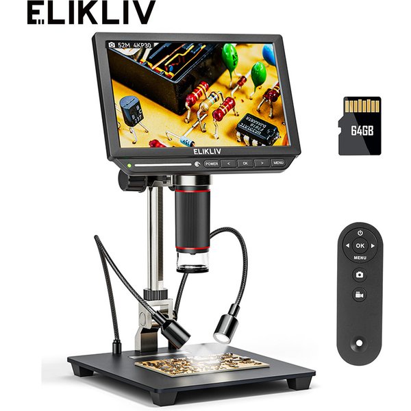 Elikliv EM4K 4K HDMI Digitalmikroskop für Elektronik 8" 2000X Lötmikroskop für PCB-Inspektionsreparatur mit 10" Ständer