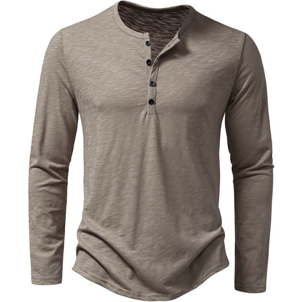 Chemise à col Henley en coton pour hommes, manches longues, boutons décontractés, couleur unie, T-Shirts à la mode