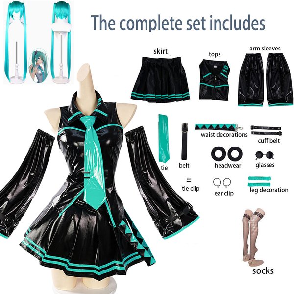 Virtual Idol Cosplay-Outfit aus schwarzem, grünem Lackleder, komplettes Zubehör, Perücke, Socken, Schmuck für Comic-Con-Party