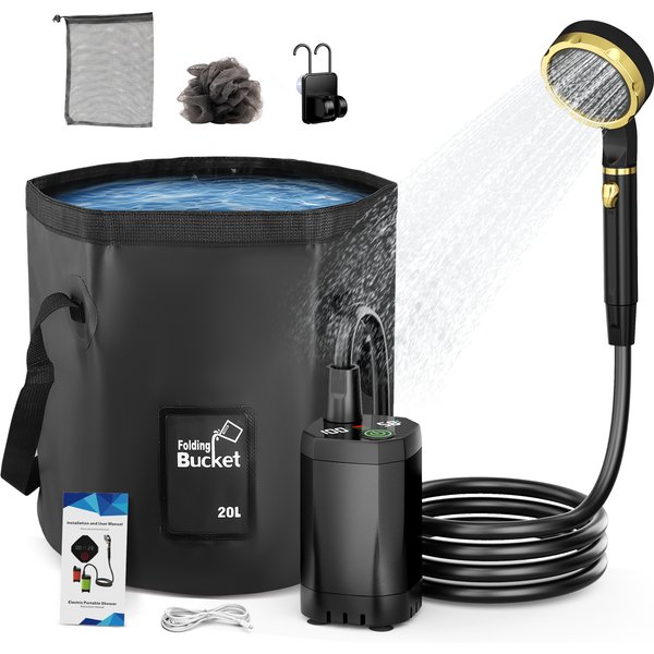 Tragbare Campingdusche mit wiederaufladbarer Pumpe, 6000 mAh, Outdoor-Duschset mit 20 l faltbarer Tasche für Reisen, Garten und Autowäsche