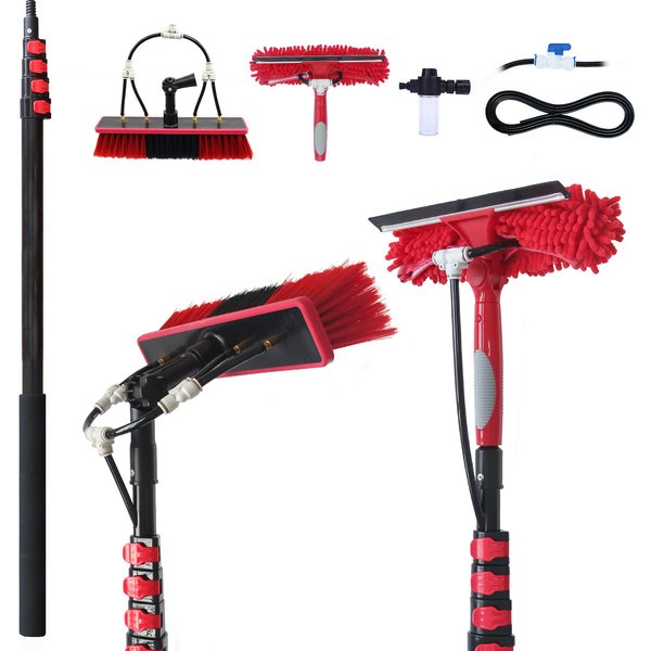 Brosse à poteau alimenté par l'eau de 20/24 pieds avec Kit de raclette, outil de nettoyage de vitres à poteau d'extension télescopique à haut portée pour lave-panneaux solaires