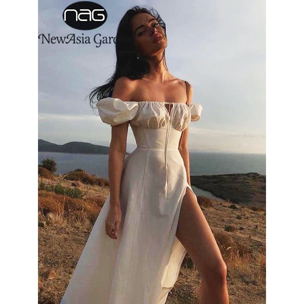 NewAsia Weißes Kleid mit Puffärmeln, schulterfrei, Ausschnitt, seitlich gebunden, geteilt, gerüscht, langes Kleid, Robe Femme, Sommerkleid für Frauen 2022