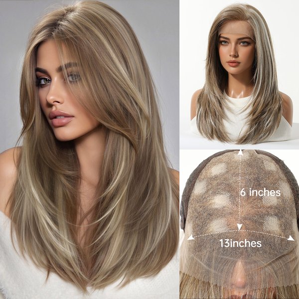Perruque avec frange en dentelle 13x6 HAIRCUBE pour femmes, marron avec mèches blondes, perruque à mèches, perruque synthétique avec frange en dentelle pour usage quotidien et soirées.