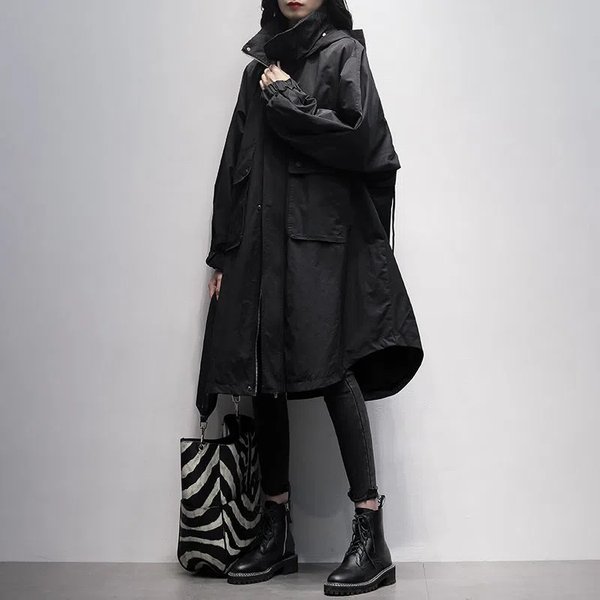 Nouvelle version coréenne Automne 2026 du manteau long trench noir à capuche et manches longues, décontracté, ample et amincissant, pour femme, idéal pour les trajets quotidiens.