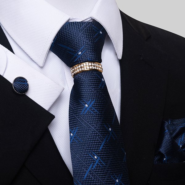 Luxuriöses Marken-Set mit 8 cm Krawatte, Einstecktuch und Manschettenknöpfen für Herren, Blau, Bedruckt, für Hochzeit, Vatertag, Bürokleidung