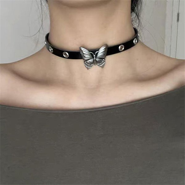 Tour de cou gothique en cuir PU pour femme, métal vintage, papillon, clavicule, collier JOCollar, bijoux punk rock