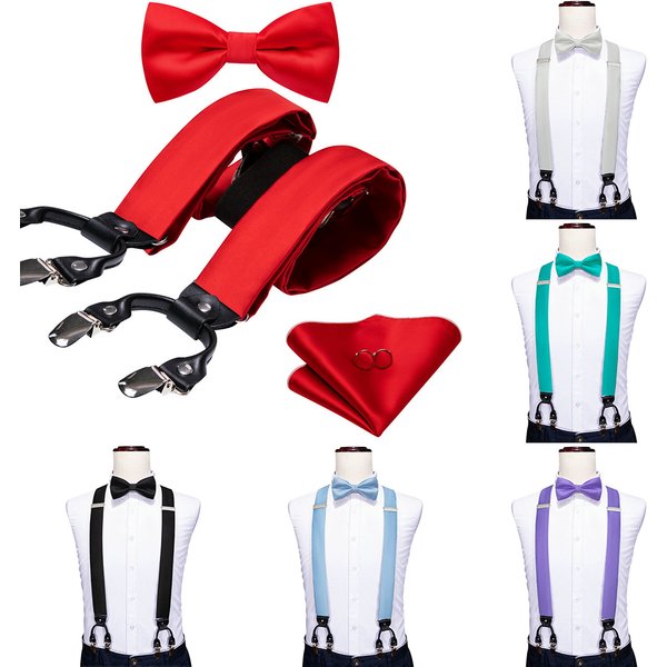 Bretelles rouges exquises pour homme, ensemble de 6 attaches, nœud papillon réglable, pochette de costume et boutons de manchette, cadeau de mariage