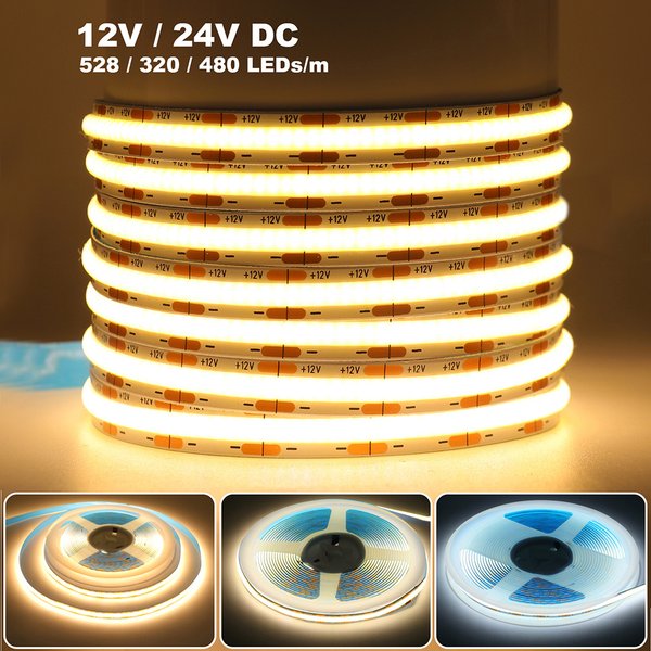 DC 12 V 24 V COB-LED-Streifenlicht, 320 480 528 LEDs, flexibles Band, hohe Dichte, lineare Beleuchtung, warmweiß, 8 mm Leiterplatte, 0,5 m, 1 m, 2 m, 5 m, 10 m